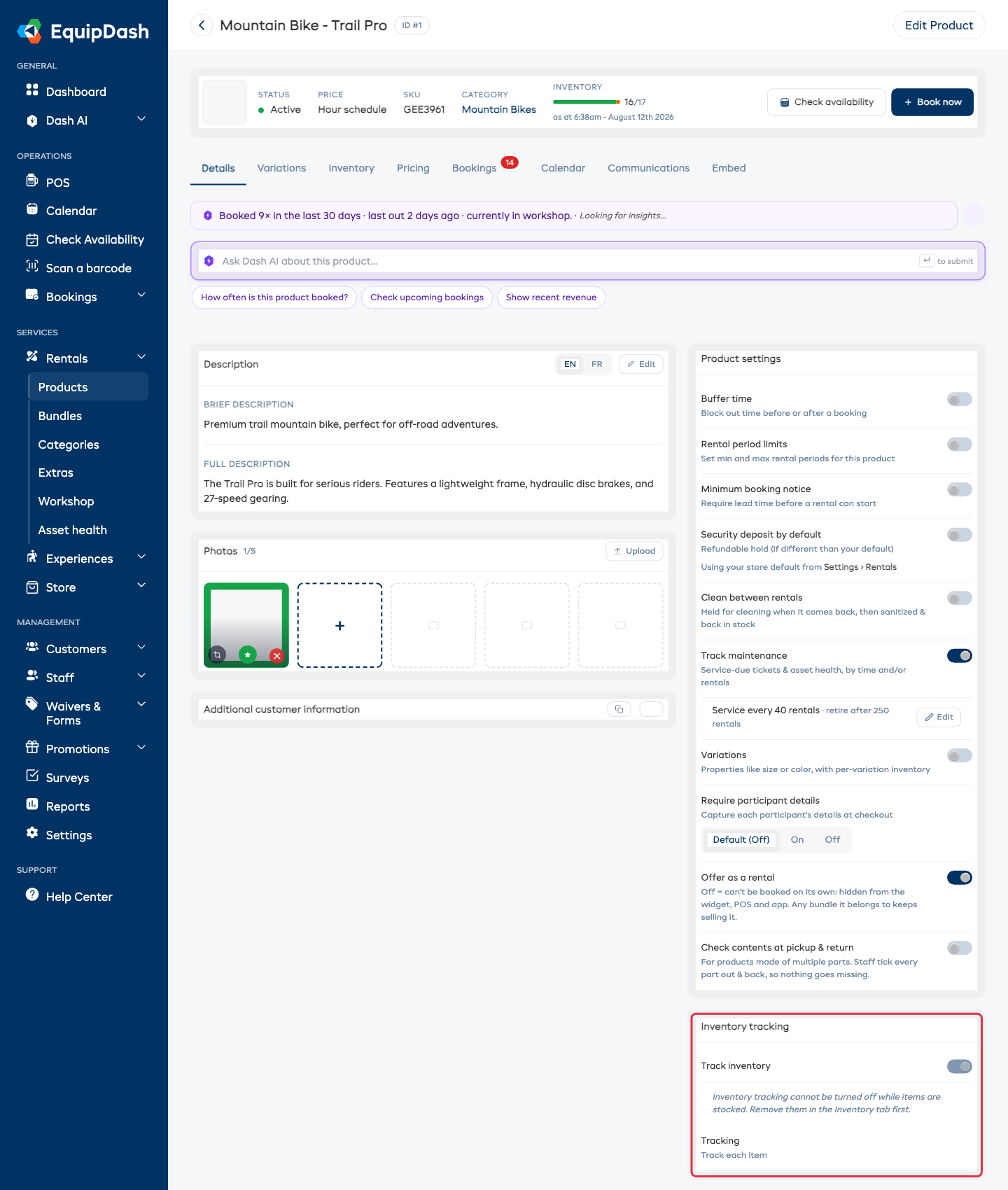 The Details tab on a rental product with the Inventory tracking card highlighted, showing the current answer beside Tracking.