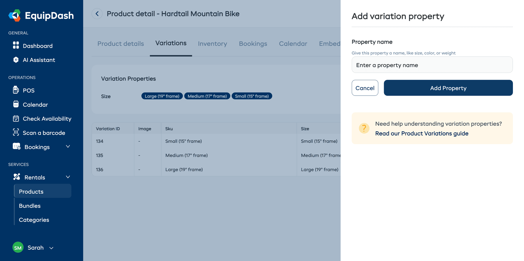 The Add variation property panel with the property name field.