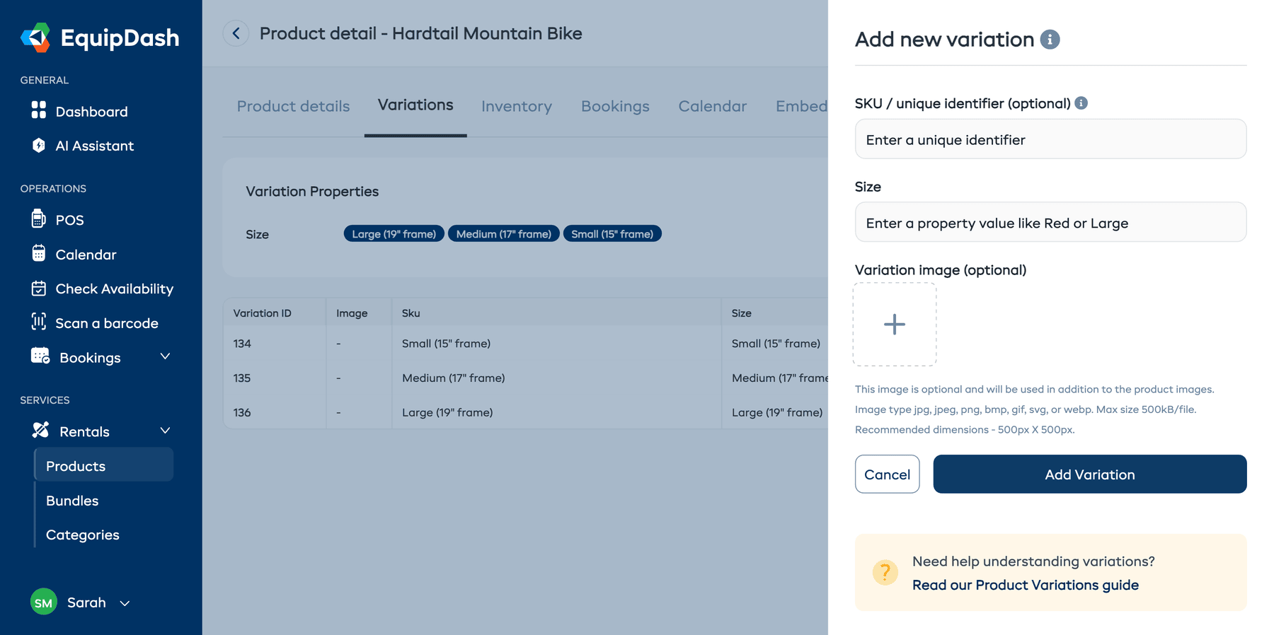 The Add new variation panel with SKU, property value, and image fields.