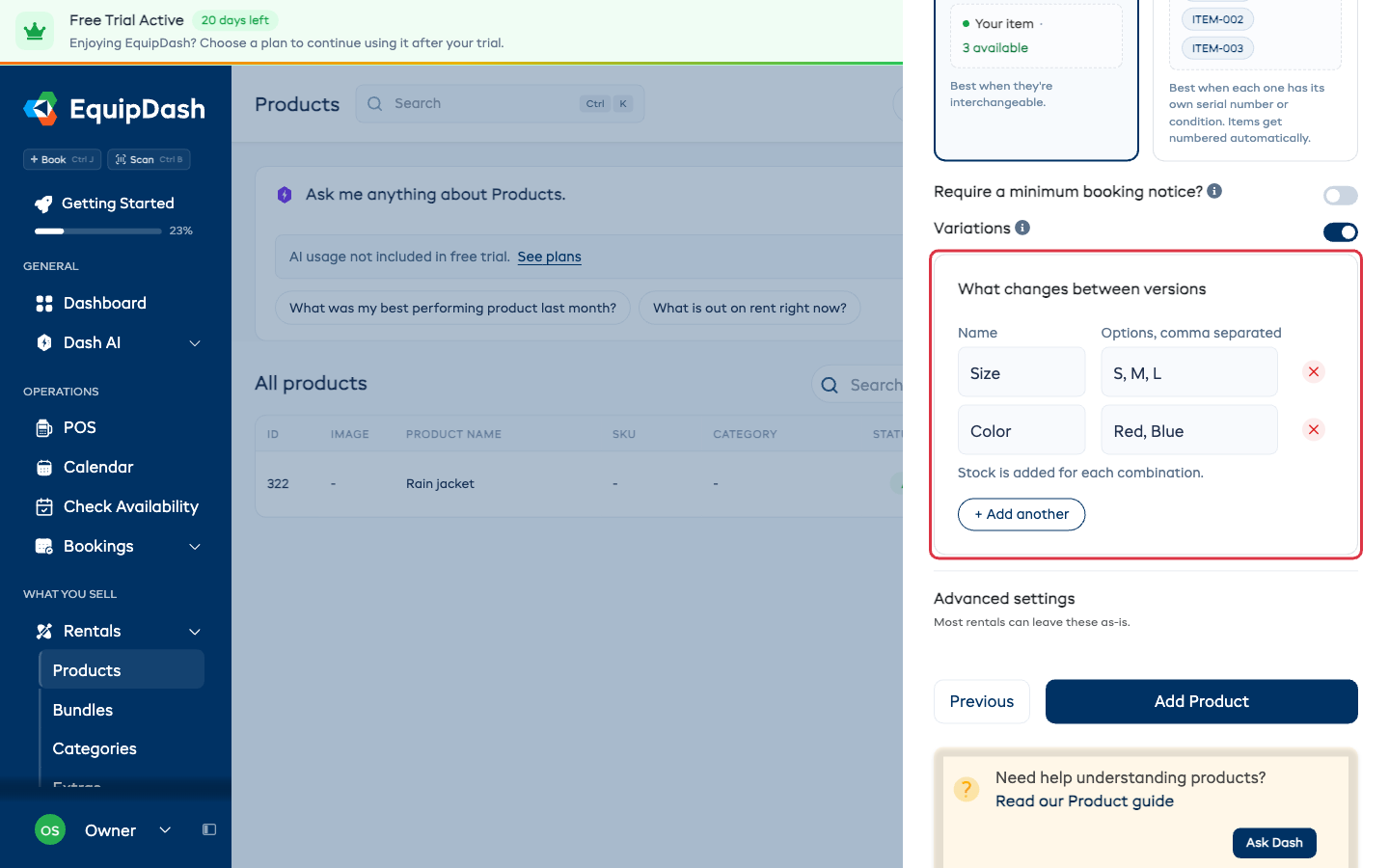 Step 3 of the Add product panel with Variations switched on and Size and Color rows filled in.
