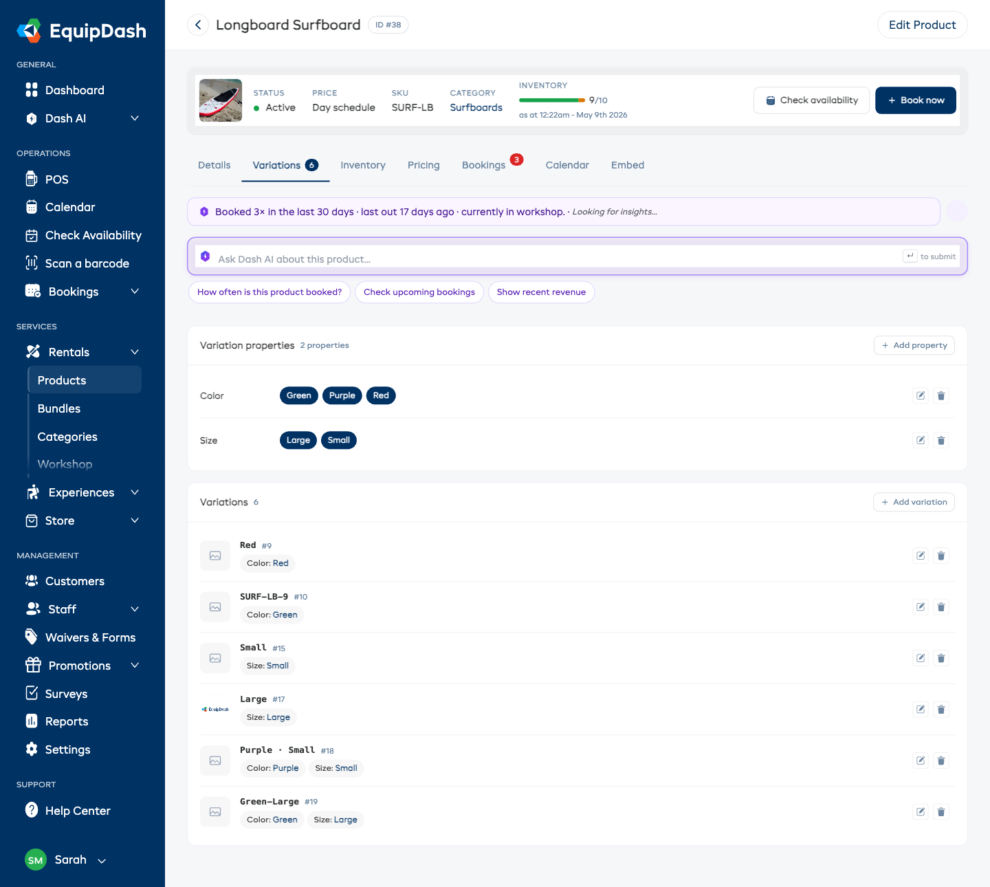 The Variations tab on a product detail page, with the Variation properties card highlighted (Color: Green / Purple / Red, Size: Large / Small as chip values) and the Variations list card highlighted below.