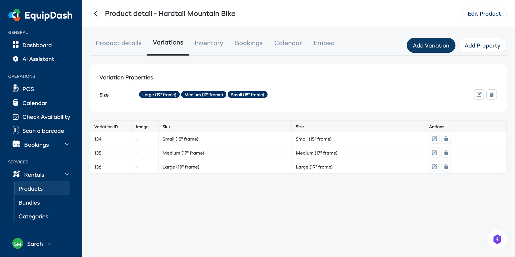 The Variations tab showing variation properties and the variations table.