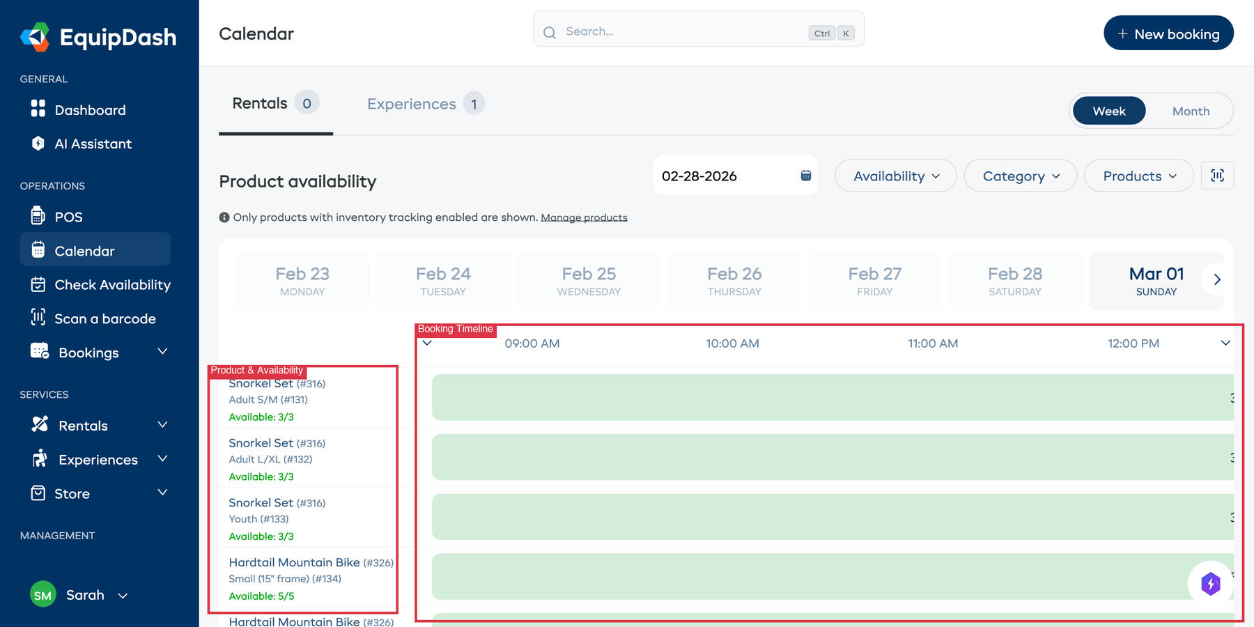 The Rental Calendar showing product rows with availability counts and booking bars in the timeline.