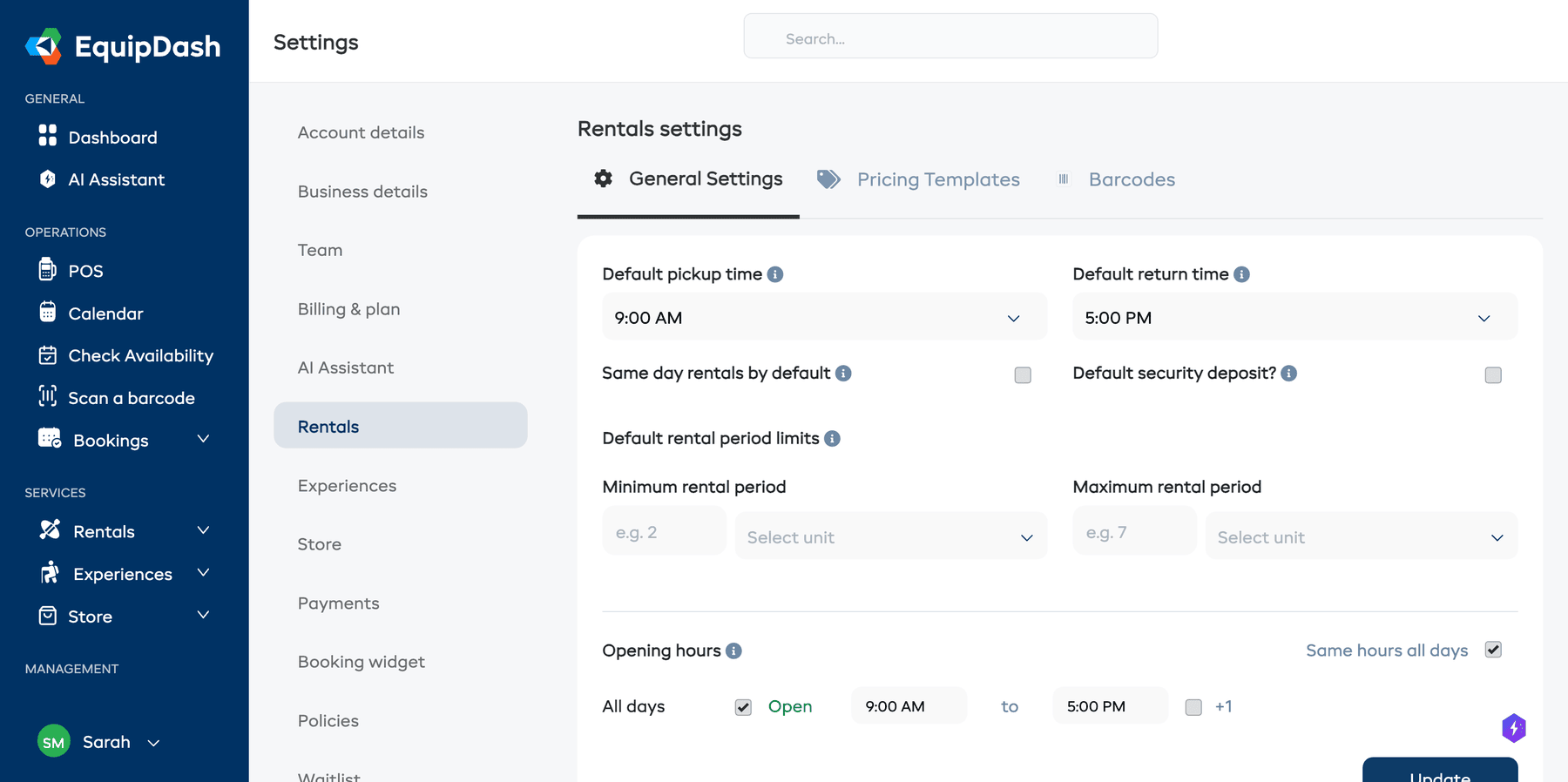 The Rentals General Settings page