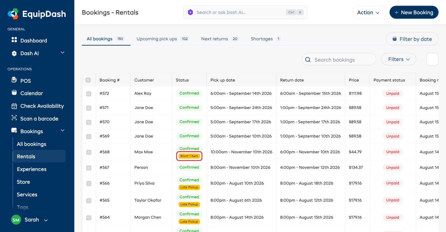 The Bookings - Rentals list with a Short 1 item badge on the row of a booking that went past stock.