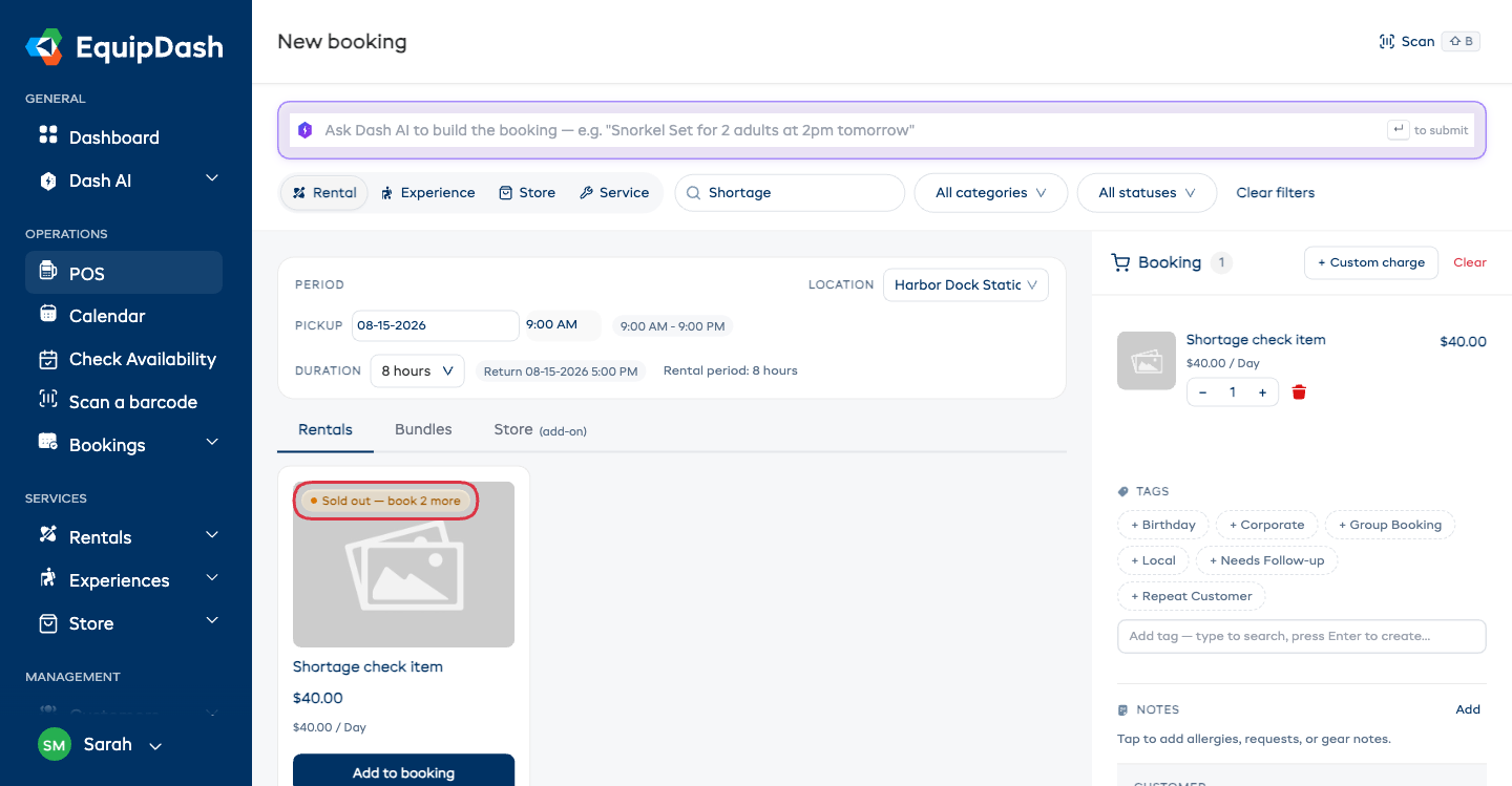 A product card in New booking showing the Sold out -- book 2 more label on the photo, with the item already added in the booking panel on the right.