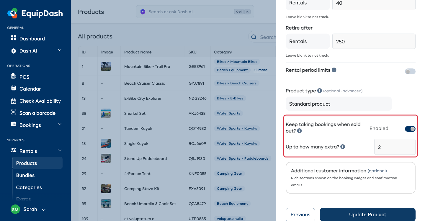 The product panel on Step 3 with Advanced settings open, showing Keep taking bookings when sold out? switched on and Up to how many extra? set to 2.