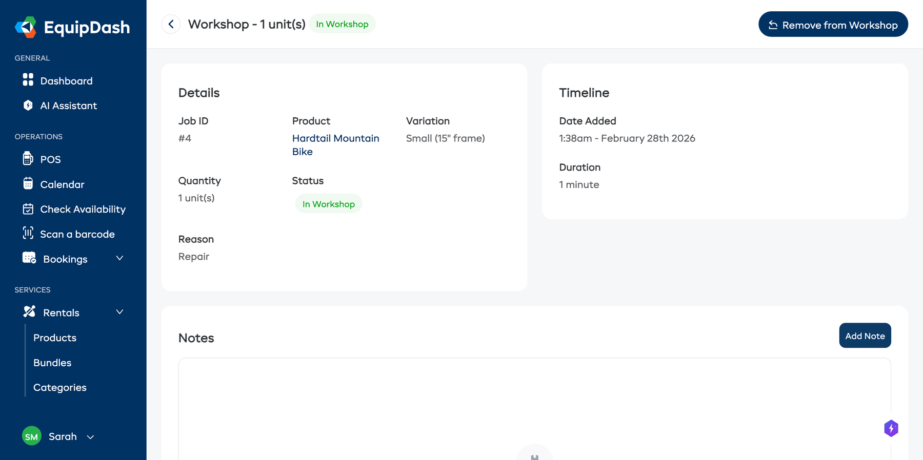 The Workshop Detail page for an active item, showing the Remove from Workshop button, job details, timeline, and notes.