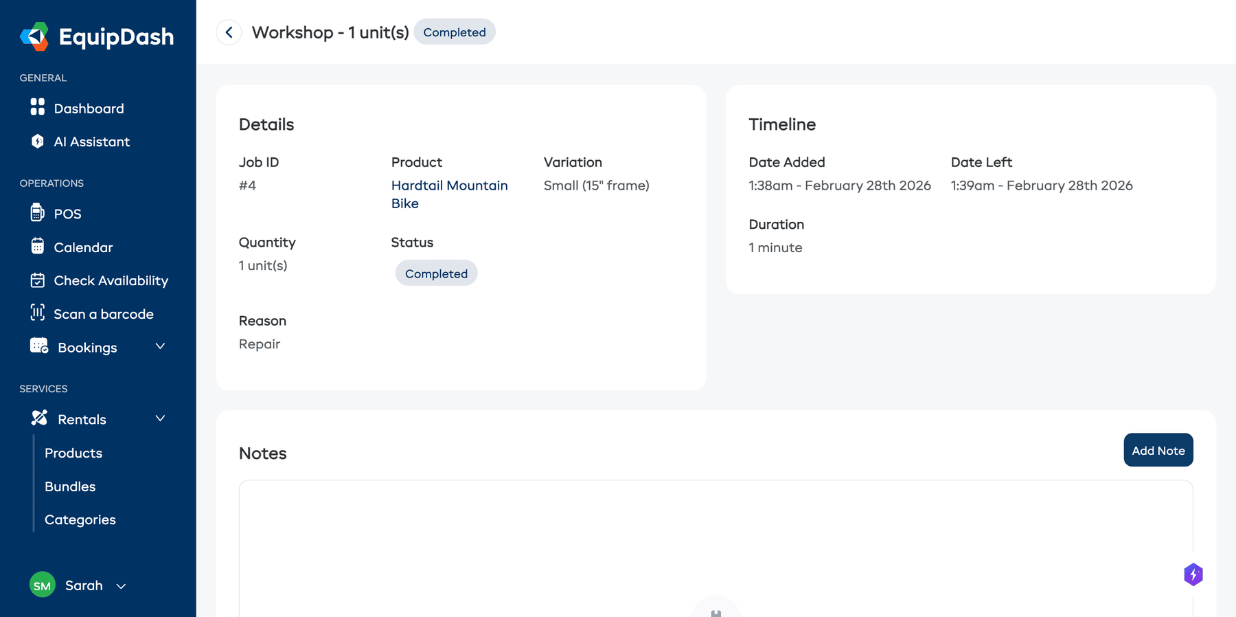 The Workshop Detail page showing job details, timeline, and notes for a completed workshop visit.