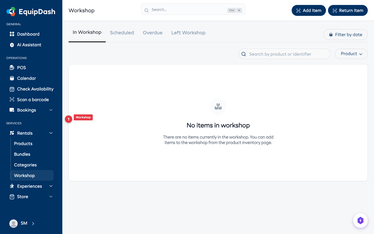 The Workshop page showing the four tabs: In Workshop, Scheduled, Overdue, and Left Workshop.
