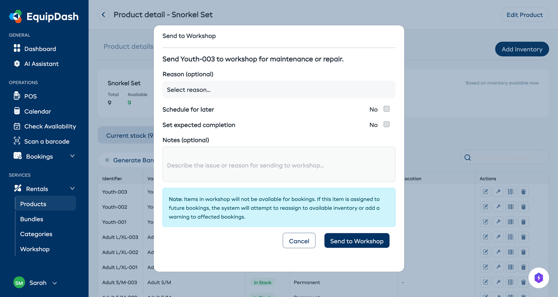 The Send to Workshop modal from the product inventory page, showing quantity, reason, scheduling options, and notes.