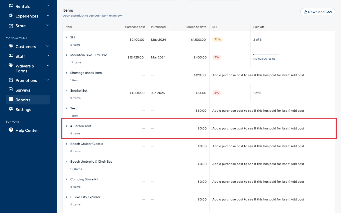 The Return on investment table with a product that has no purchase cost recorded, showing dashes and the Add cost link