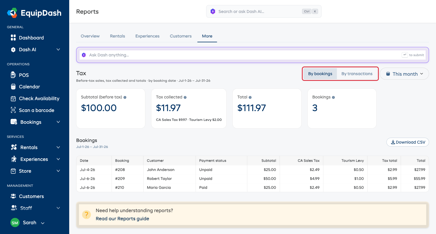 The Tax report showing before-tax subtotal, tax collected, and total, with the Bookings / Transactions toggle