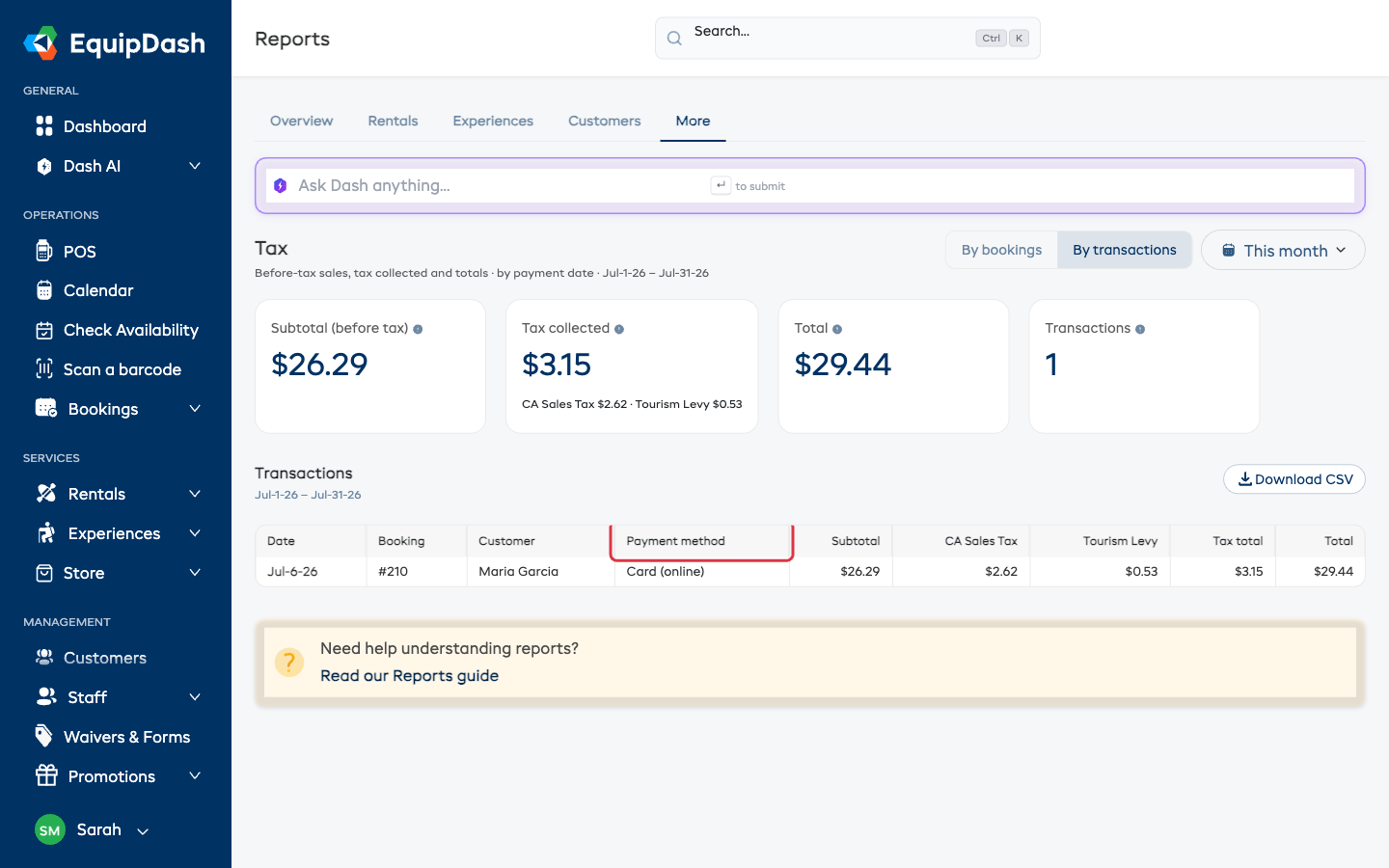 The Tax report in Transactions view, with a Payment method column for each payment