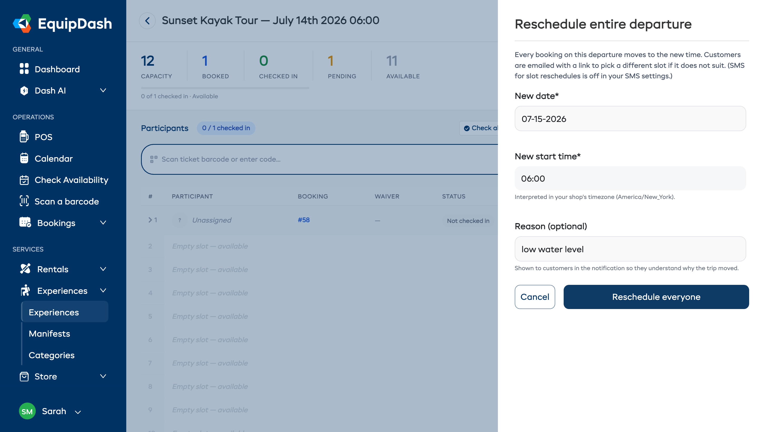 Reschedule entire departure drawer with new date, new start time and reason fields