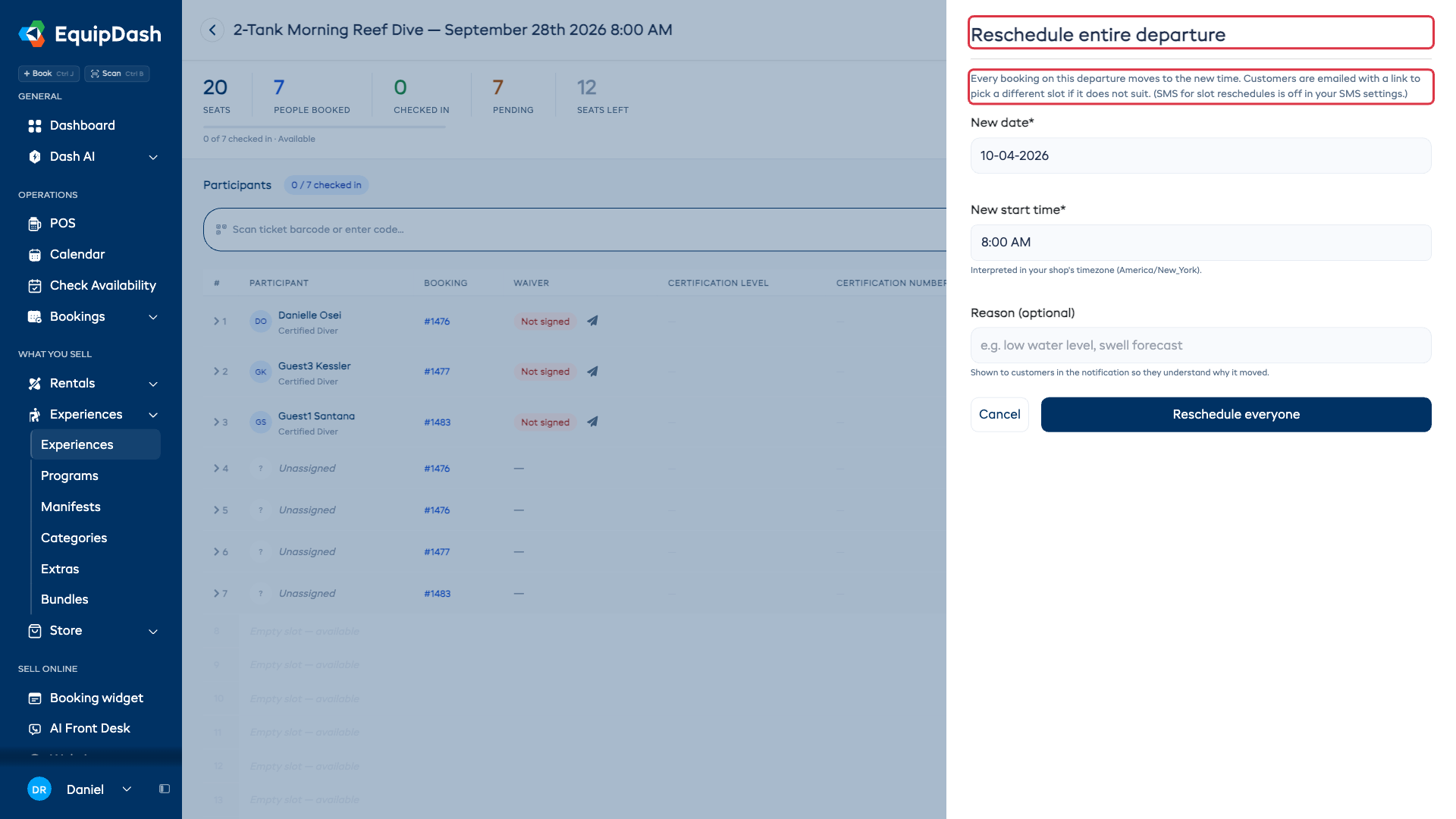 Reschedule entire departure drawer with new date, new start time and reason fields