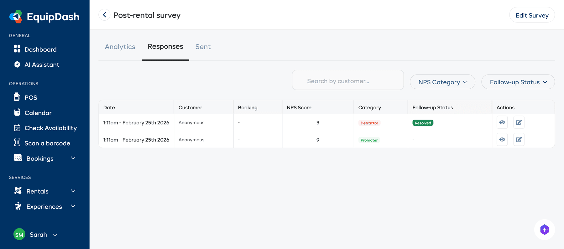 The Responses tab showing a list of survey responses