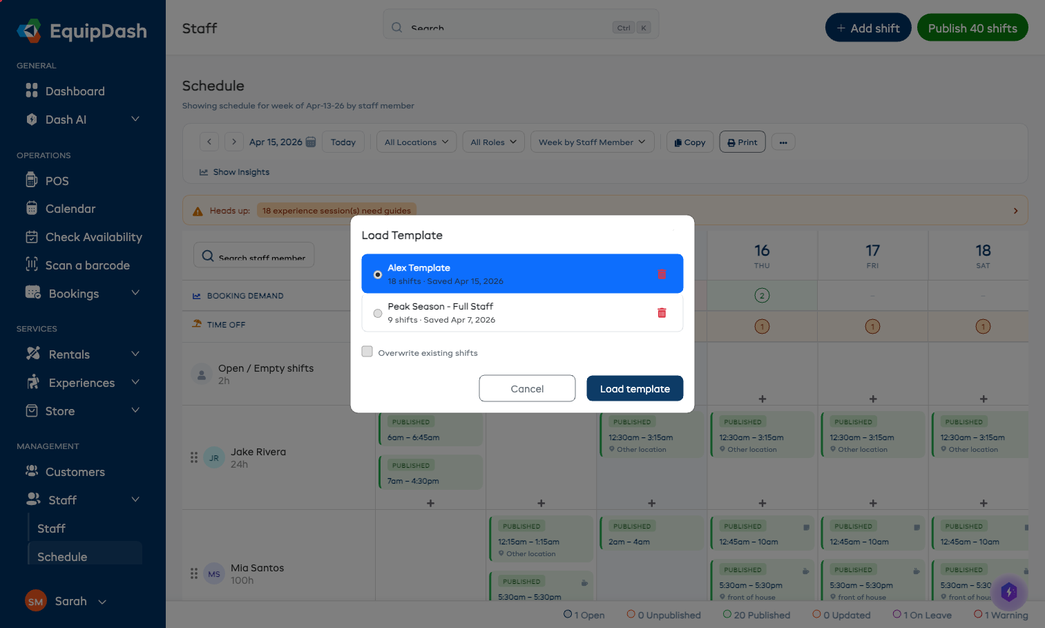 Bulk actions dropdown menu showing Mark all shifts open, Remove empty shifts, Bulk time change, Import shifts from CSV, and Delete all shifts