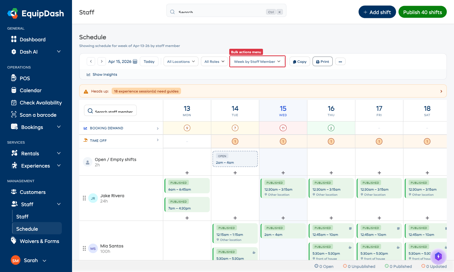 Schedule toolbar with the date range, view mode, and bulk actions menu icon highlighted