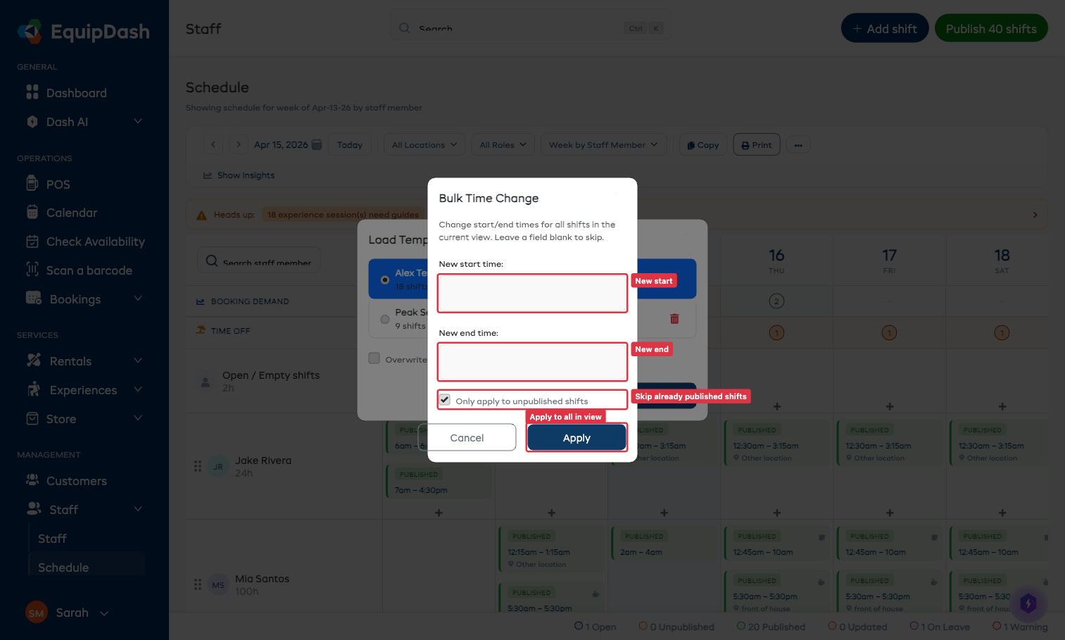 Bulk Time Change modal with New start time, New end time, and Only apply to unpublished shifts checkbox