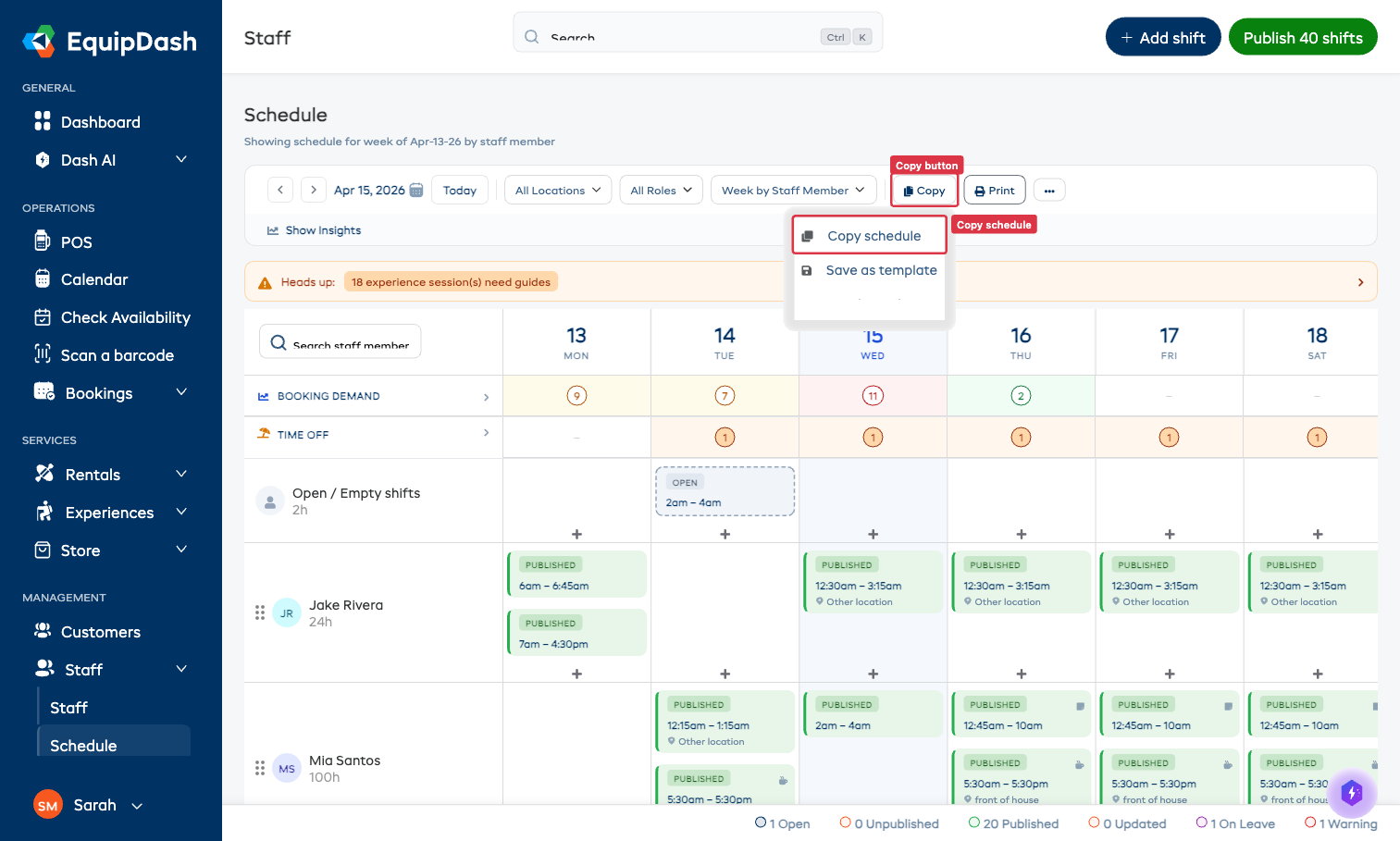 Copy button open in the schedule toolbar showing Copy schedule, Save as template, and Load template options