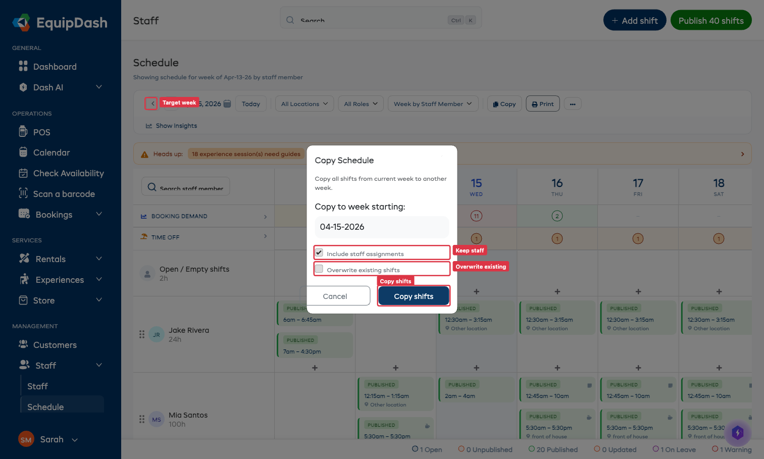 Copy Schedule modal with target week date, Include staff assignments and Overwrite existing options