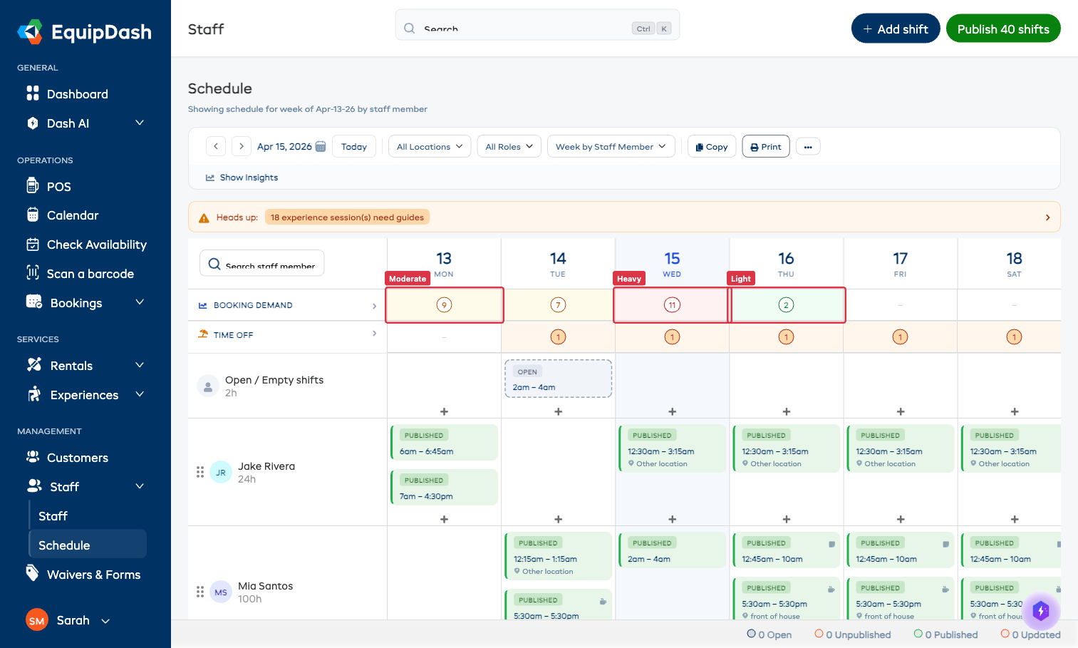 Booking Demand cells with annotations showing different heat levels (Light, Light, Heavy, Light)