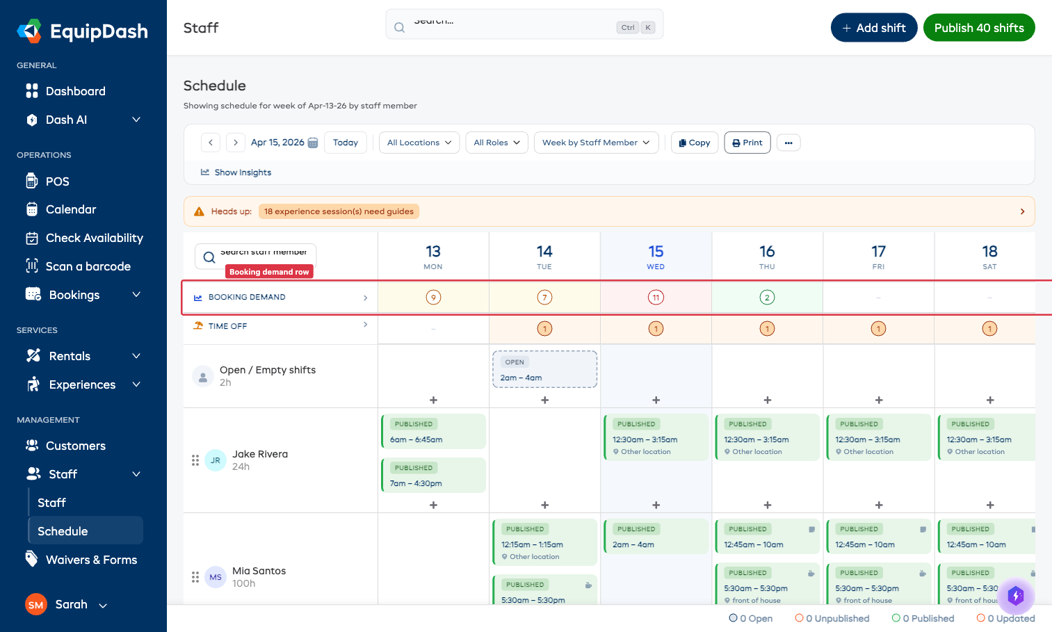 Schedule grid with Heads up warning bar and Booking Demand row highlighted at the top