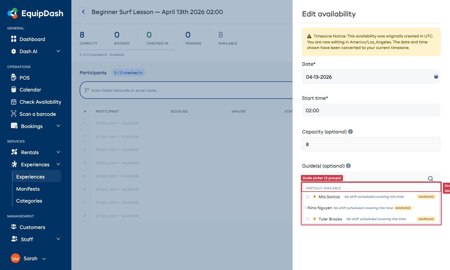 Guide picker open in the Edit availability sidebar