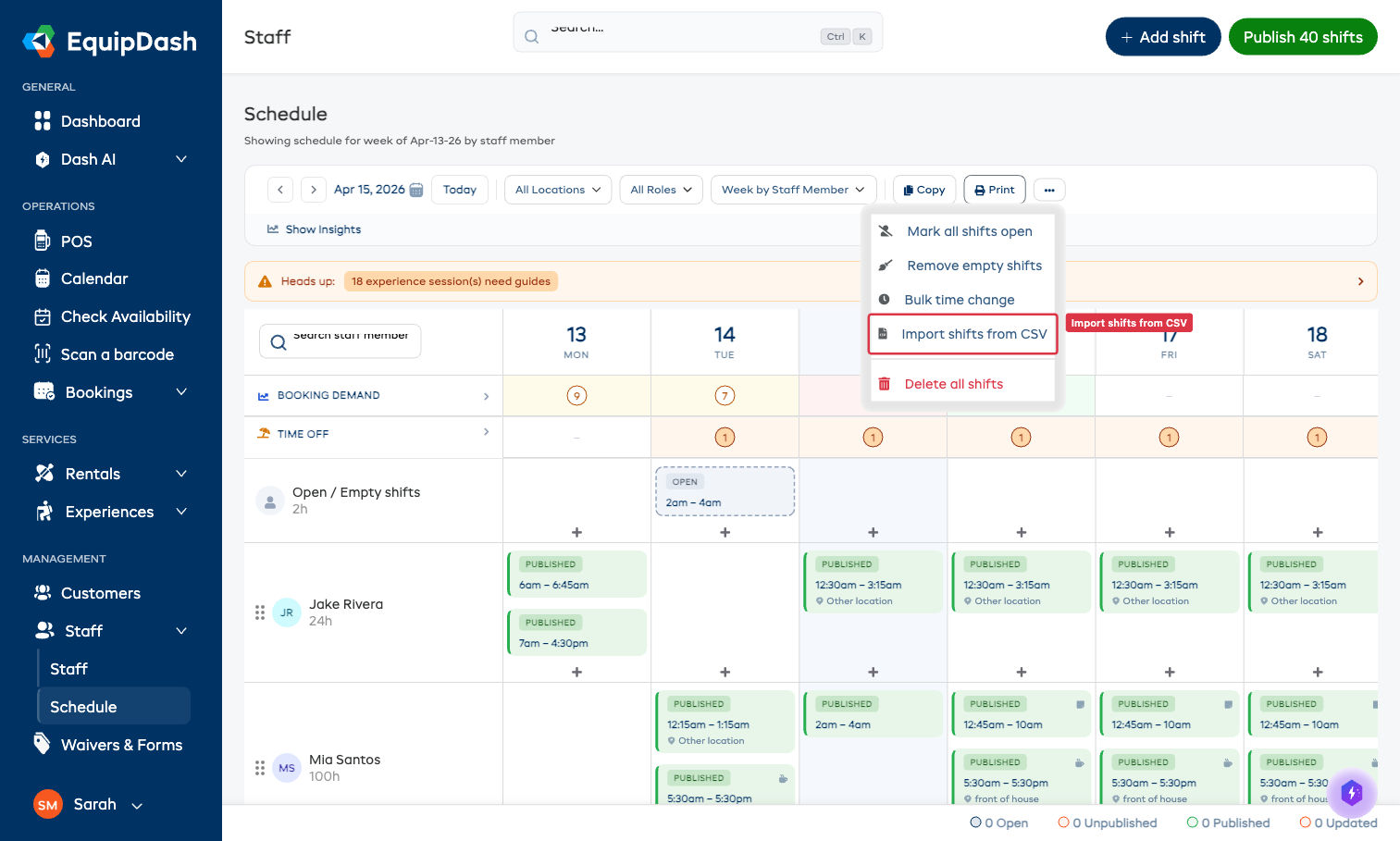 Bulk actions menu with Import shifts from CSV highlighted