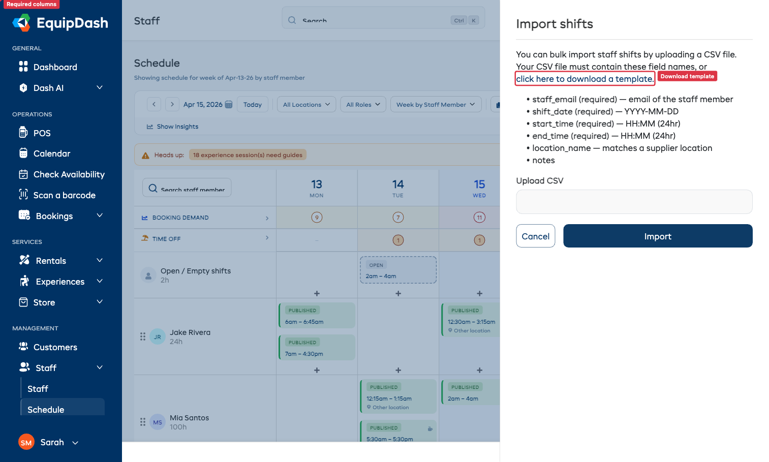Import Shifts panel listing required CSV columns and template download link
