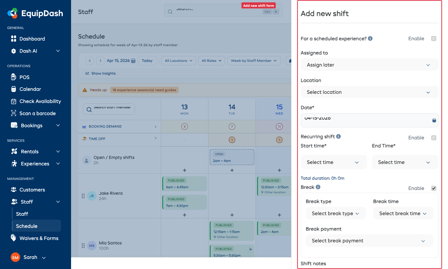 Add Shift form with the For a scheduled experience toggle highlighted at the top