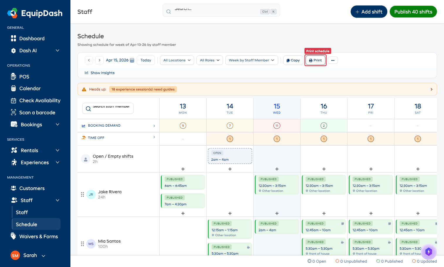 Print button highlighted in the schedule toolbar