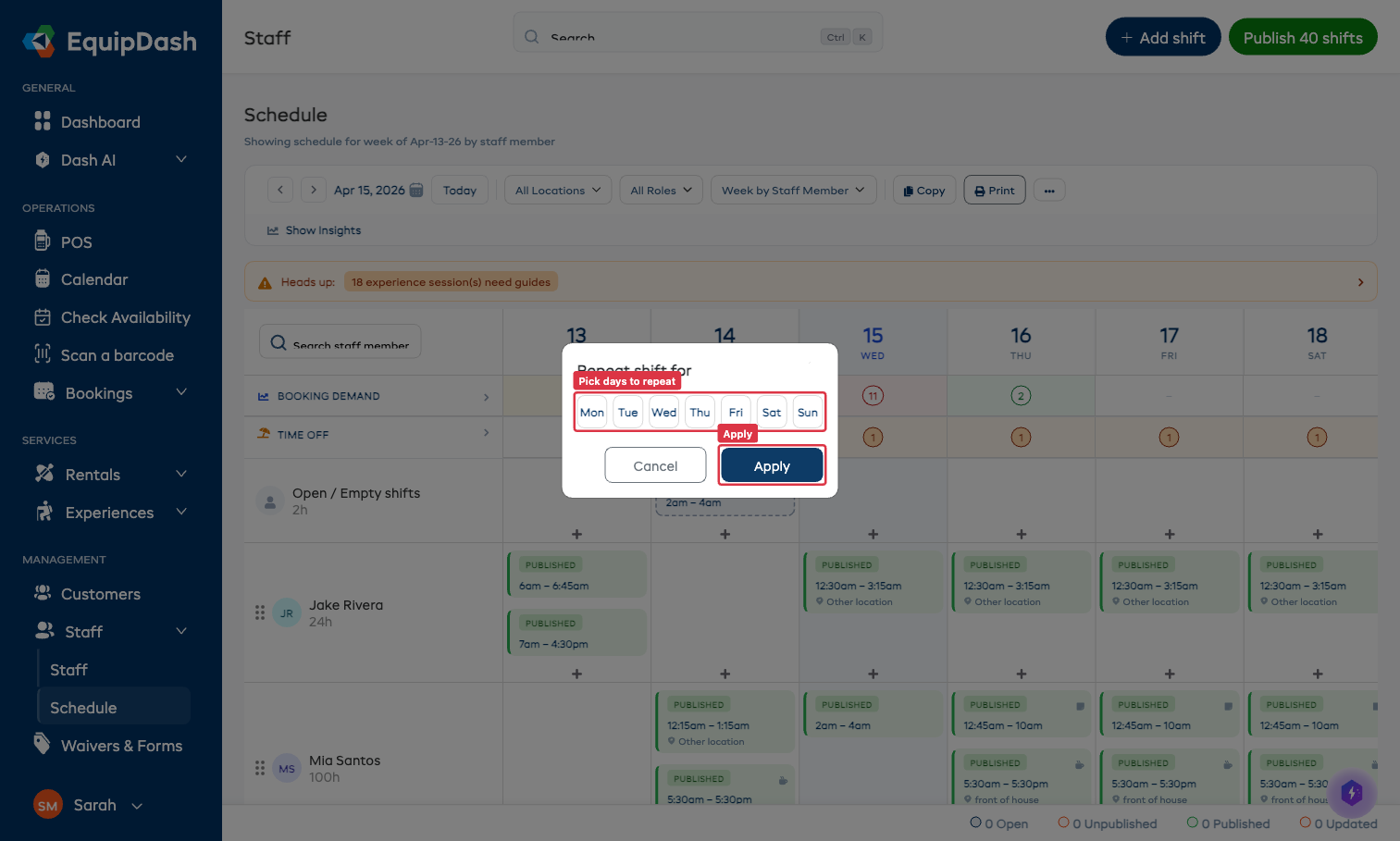 Repeat shift modal with day-of-week buttons (Mon Tue Wed Thu Fri Sat Sun) and Apply button