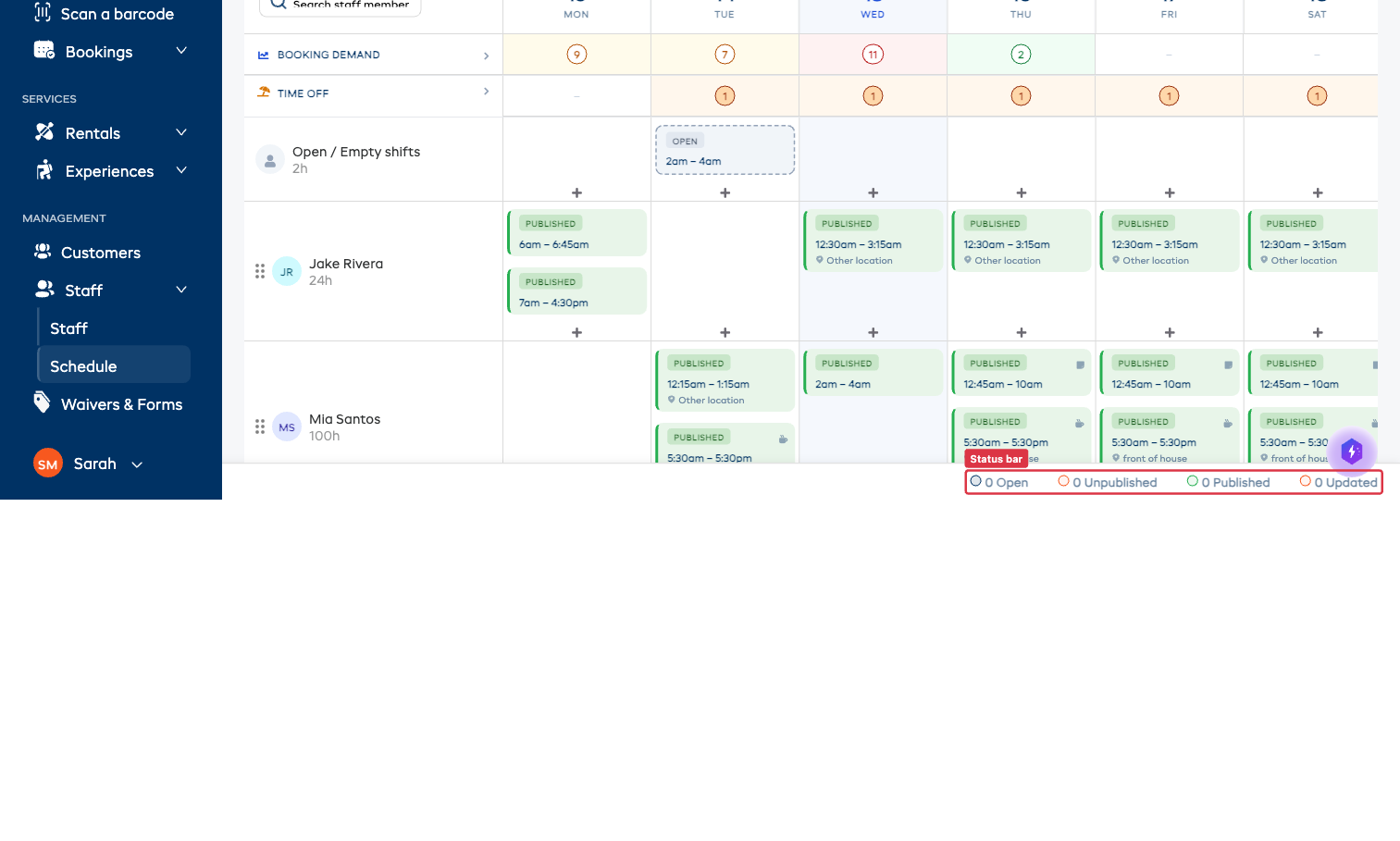 Status bar at the bottom of the schedule page showing counts for Open, Unpublished, Published, Updated, On Leave, and Warning