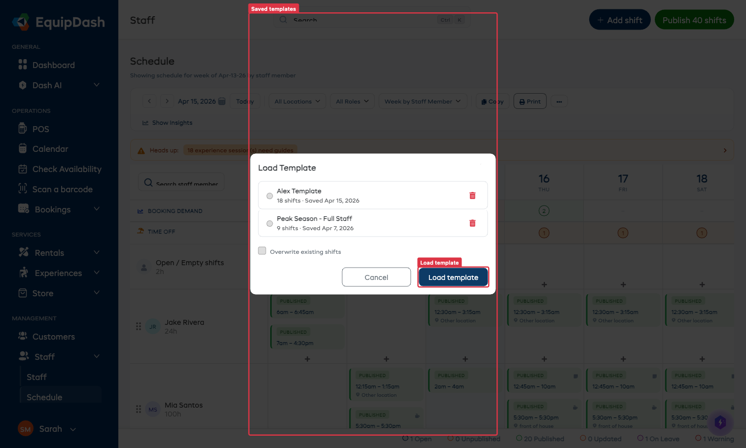 Load Template modal listing saved templates each with shift count and saved date