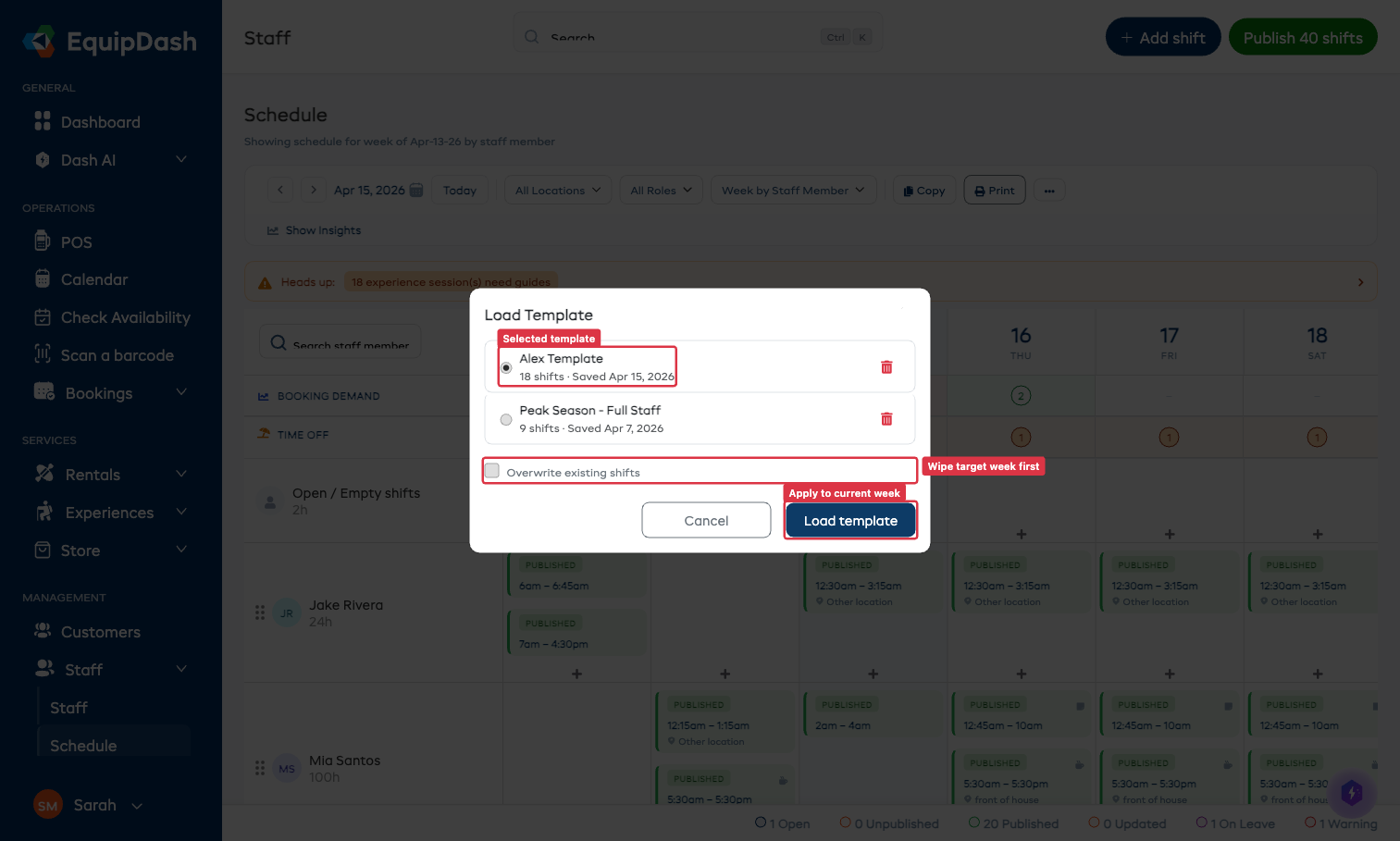 Selected template highlighted, with Overwrite existing shifts option and Load template button