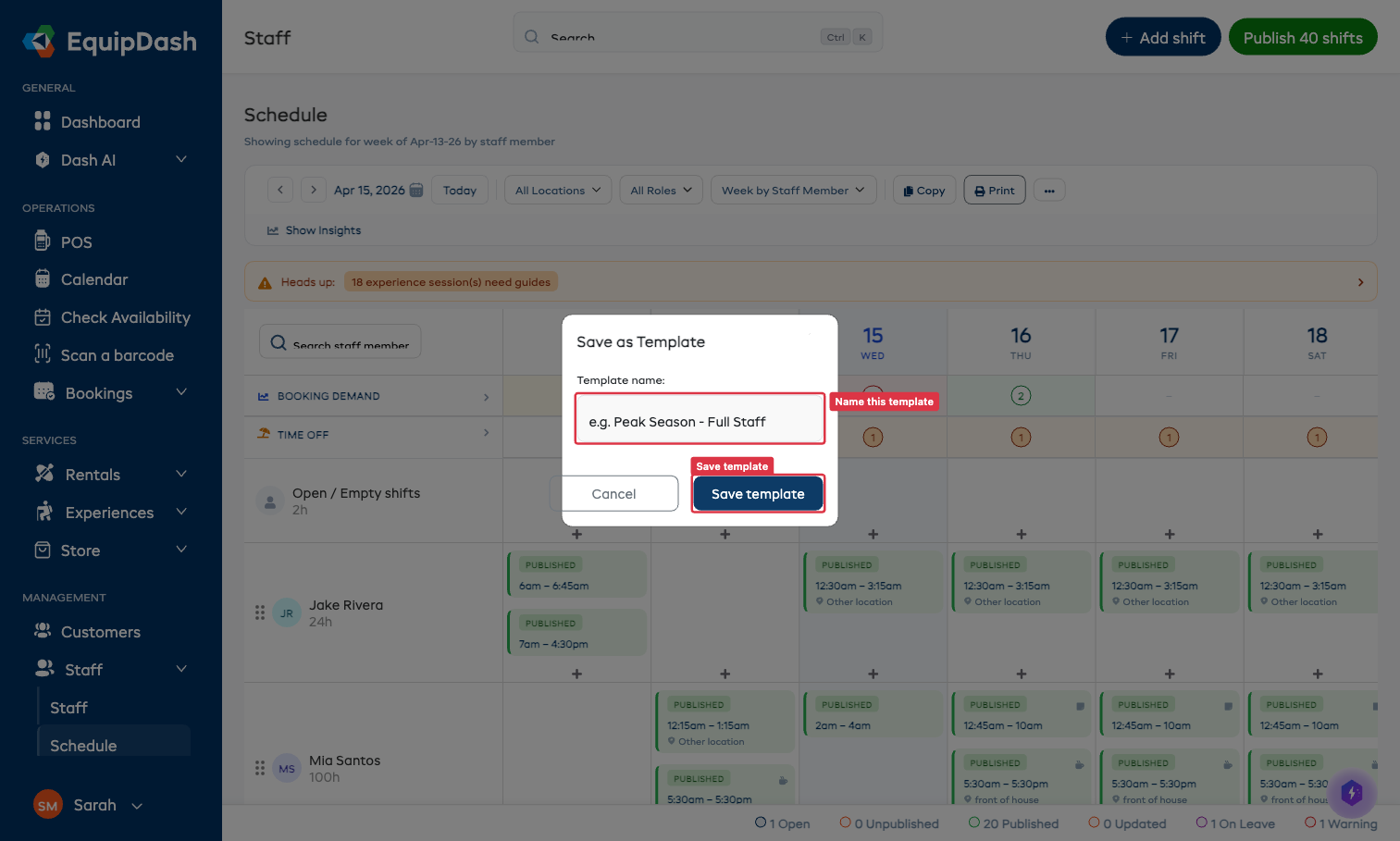 Save as Template modal with a name field and Save template button