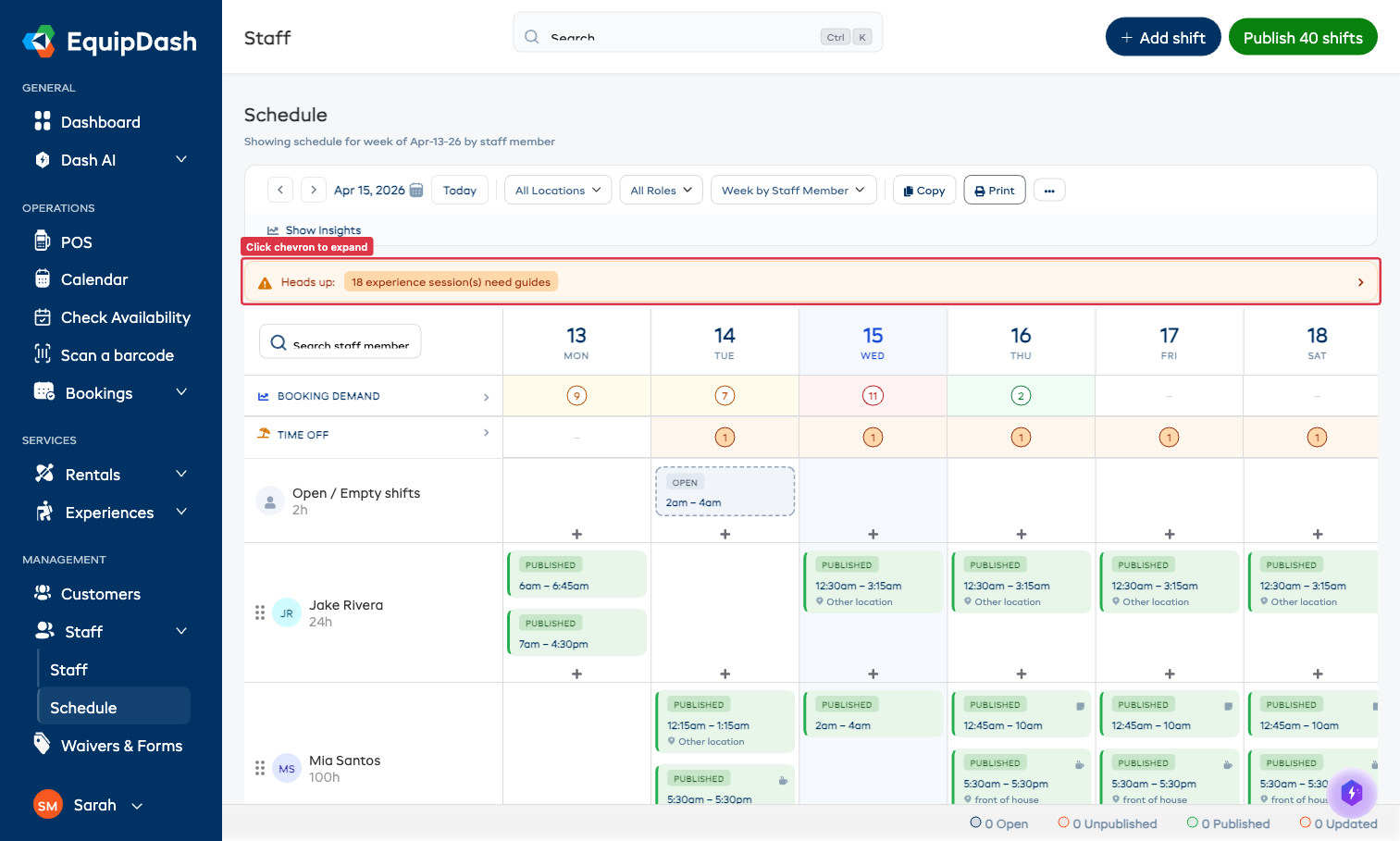 Heads up warning bar at the top of the schedule grid showing experience sessions need guides count