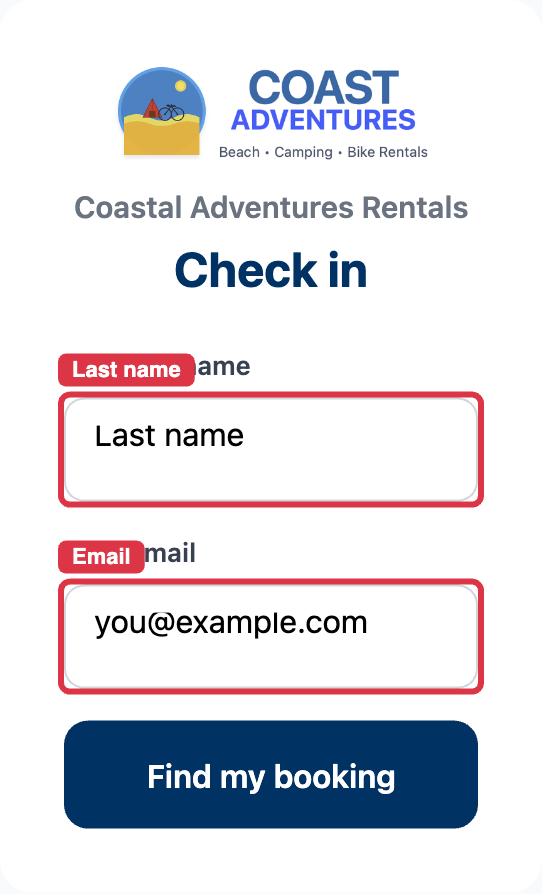 The find-my-booking screen with last name and email fields