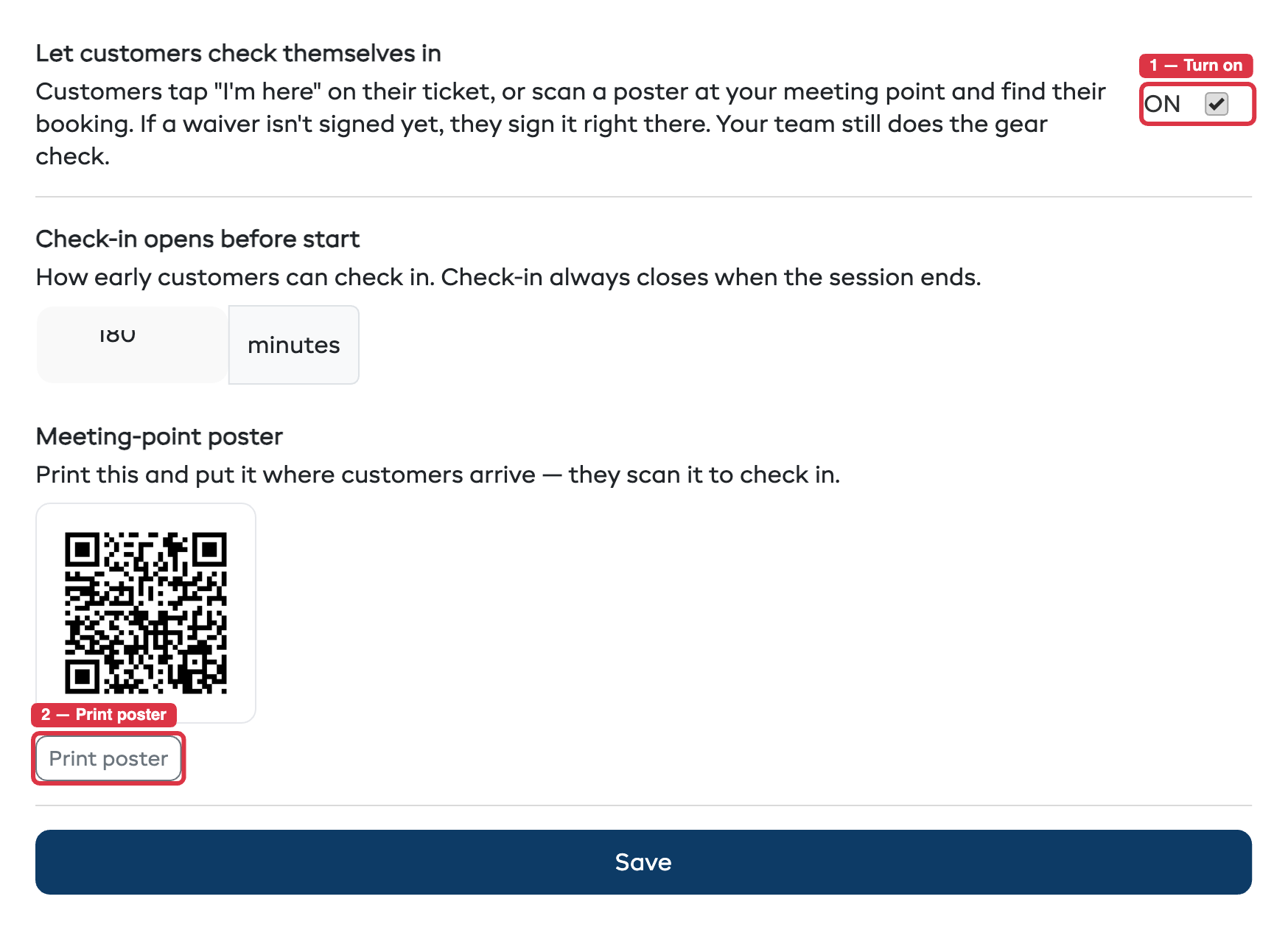 The self check-in settings on the Experiences settings page