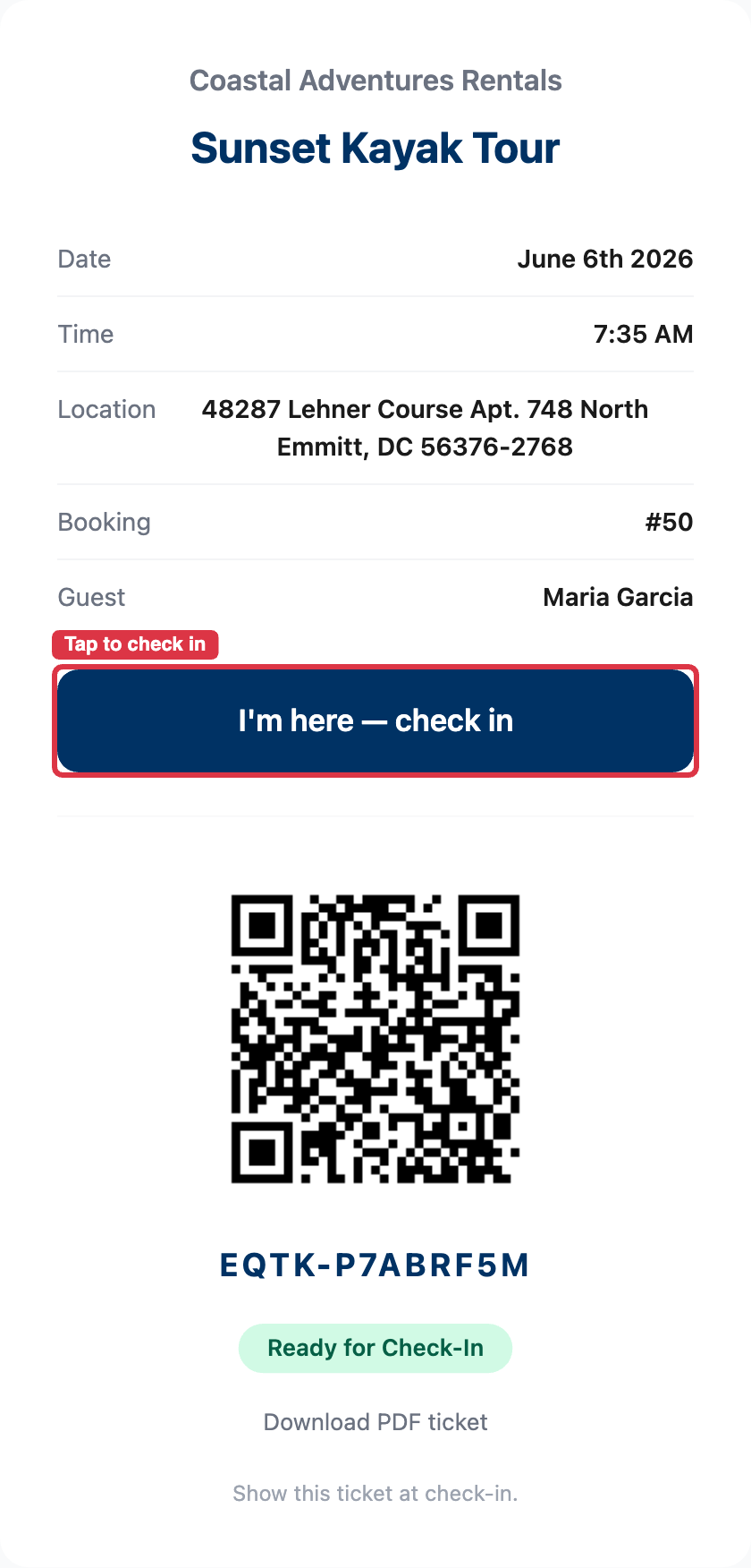 A customer ticket with the "I'm here — check in" button