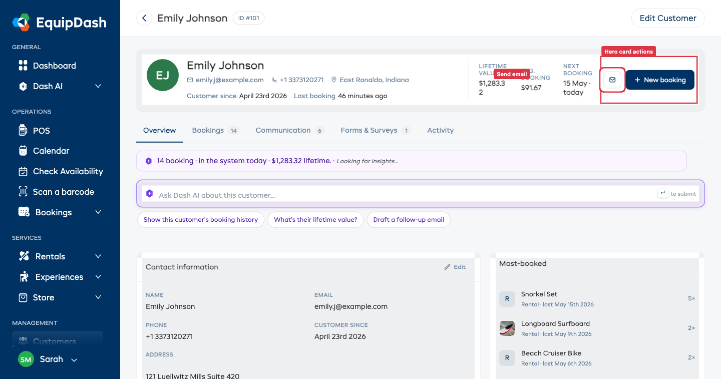 The hero card right-side actions — Send email icon button and + New booking primary button