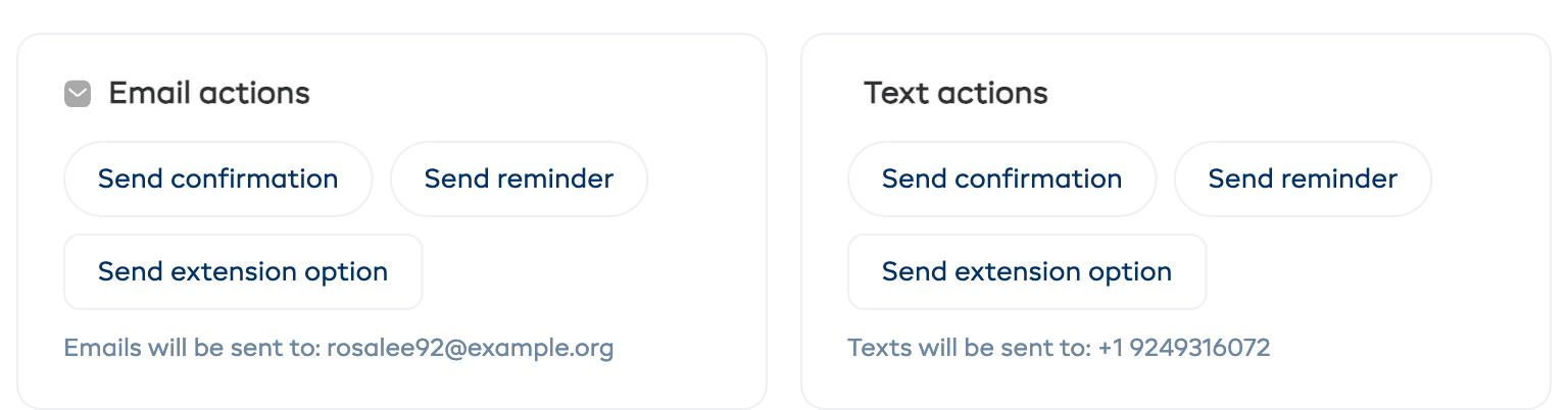 The booking detail Email actions and Text actions cards, each showing a Send extension option button alongside Send confirmation and Send reminder.