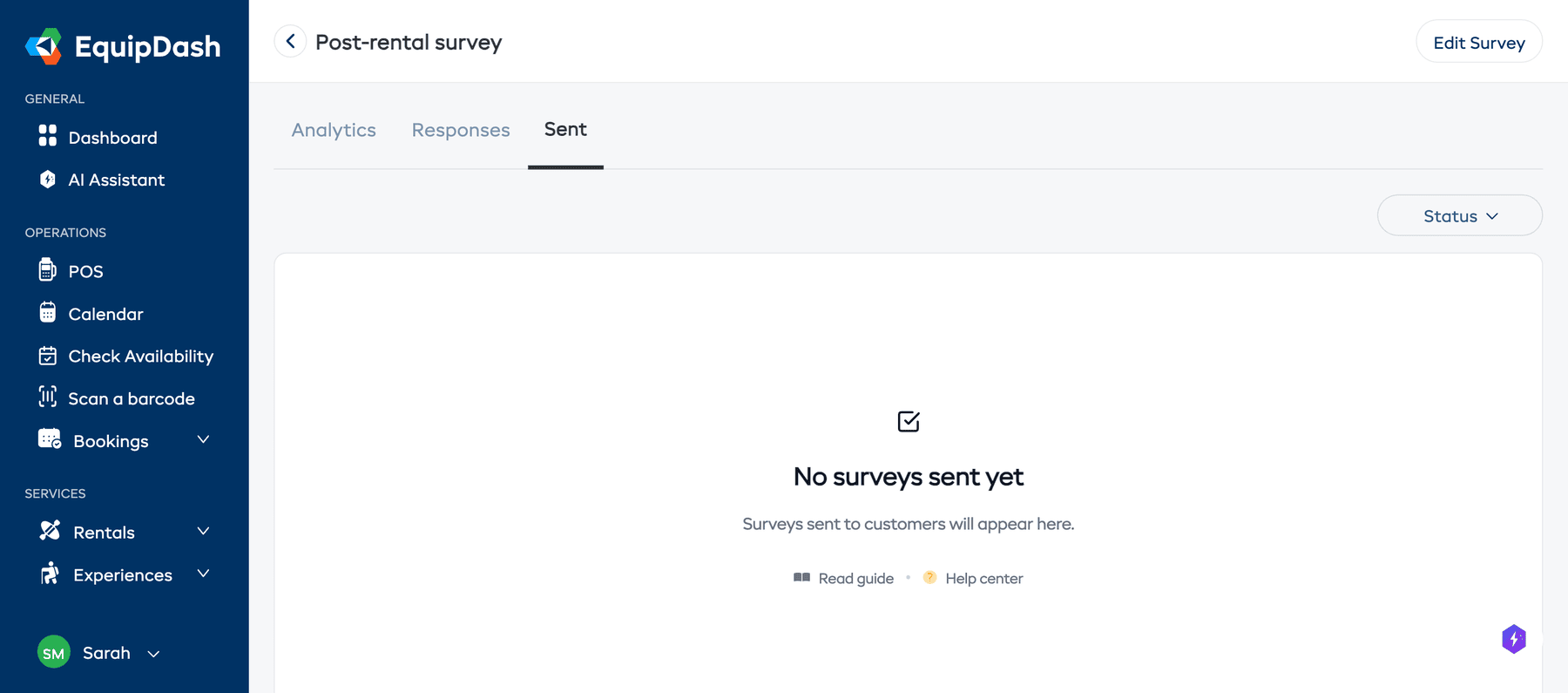 The Sent tab showing survey emails with status and resend options