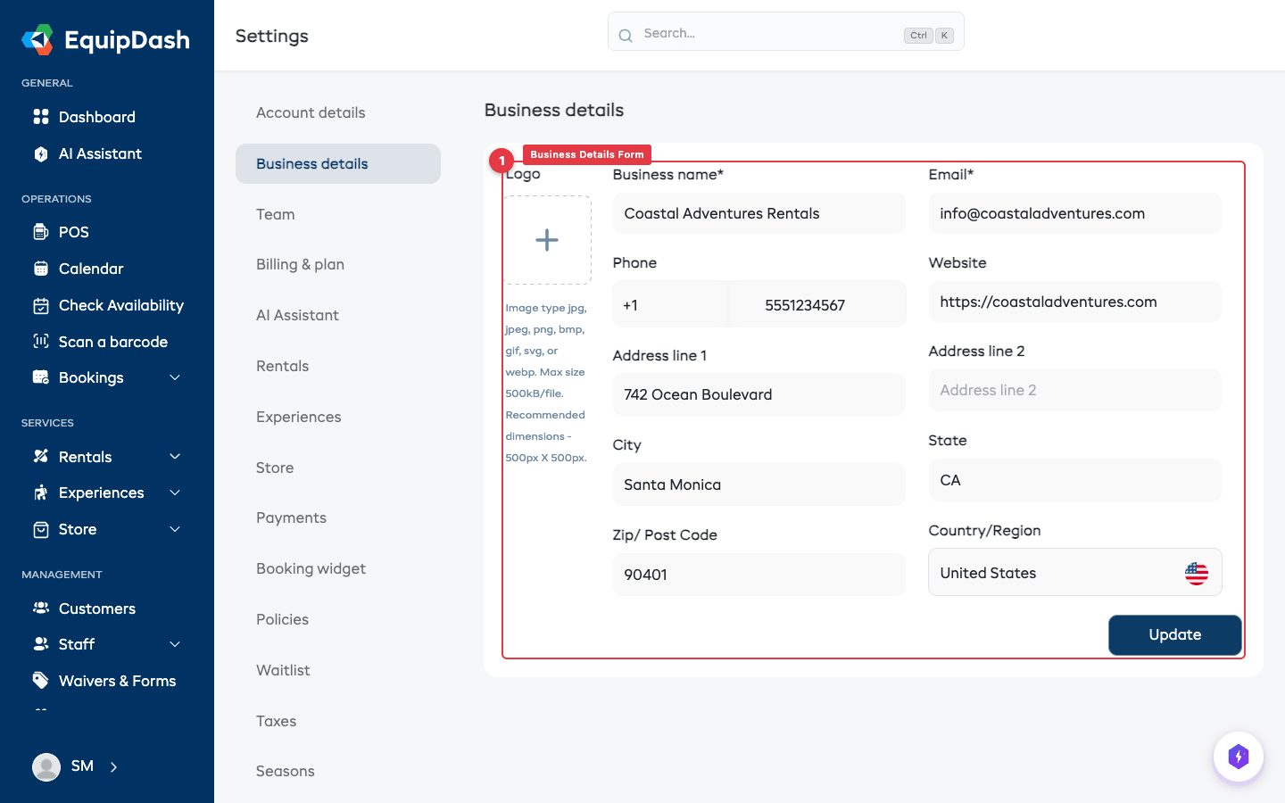 The Business Details settings page with all fields visible and a logo uploaded