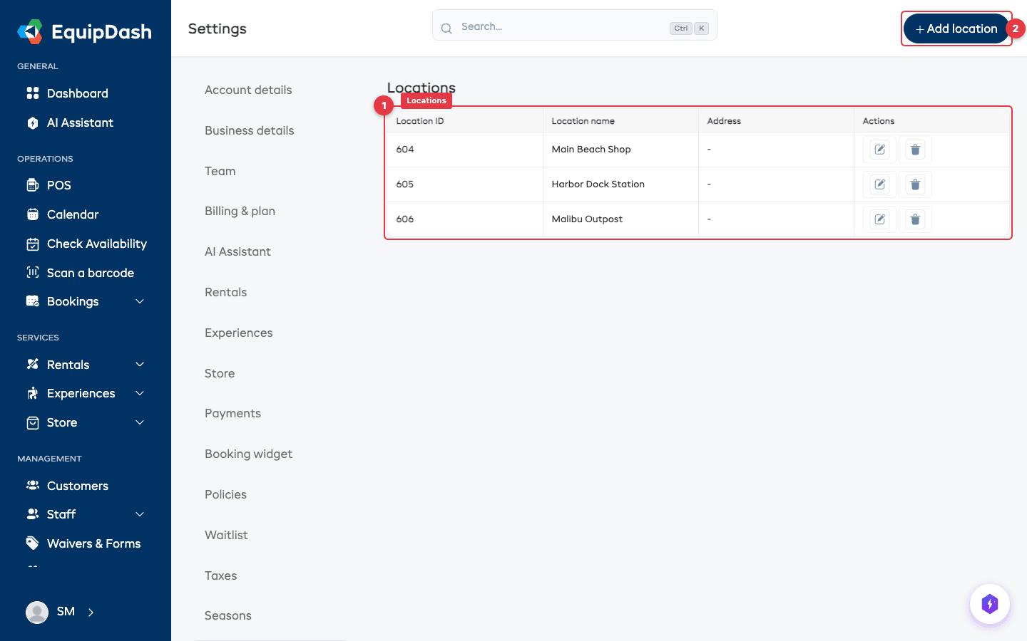 The Locations settings page with one or two locations listed, plus the Add Location button