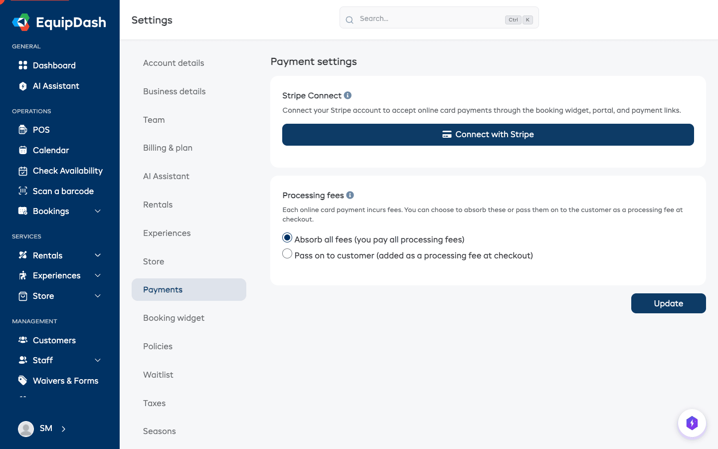 The Payments settings page, showing the "Connect with Stripe" button (or the connected state with a green badge)