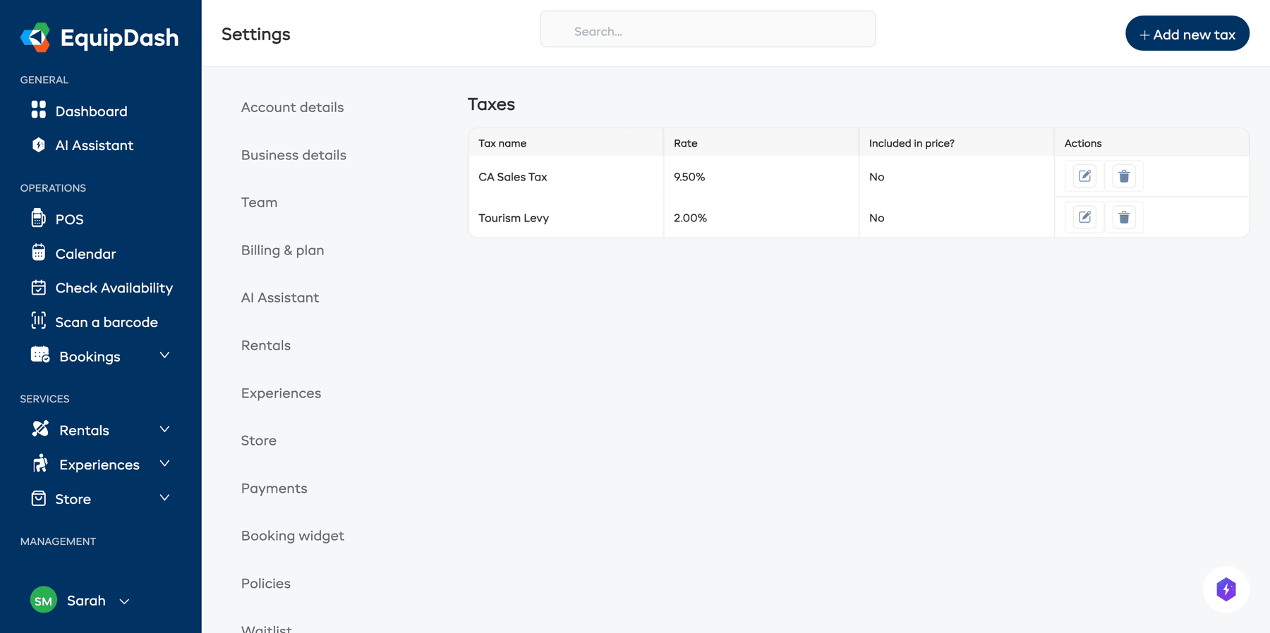 The Taxes settings page showing existing tax rules with their rates and whether they are included in price