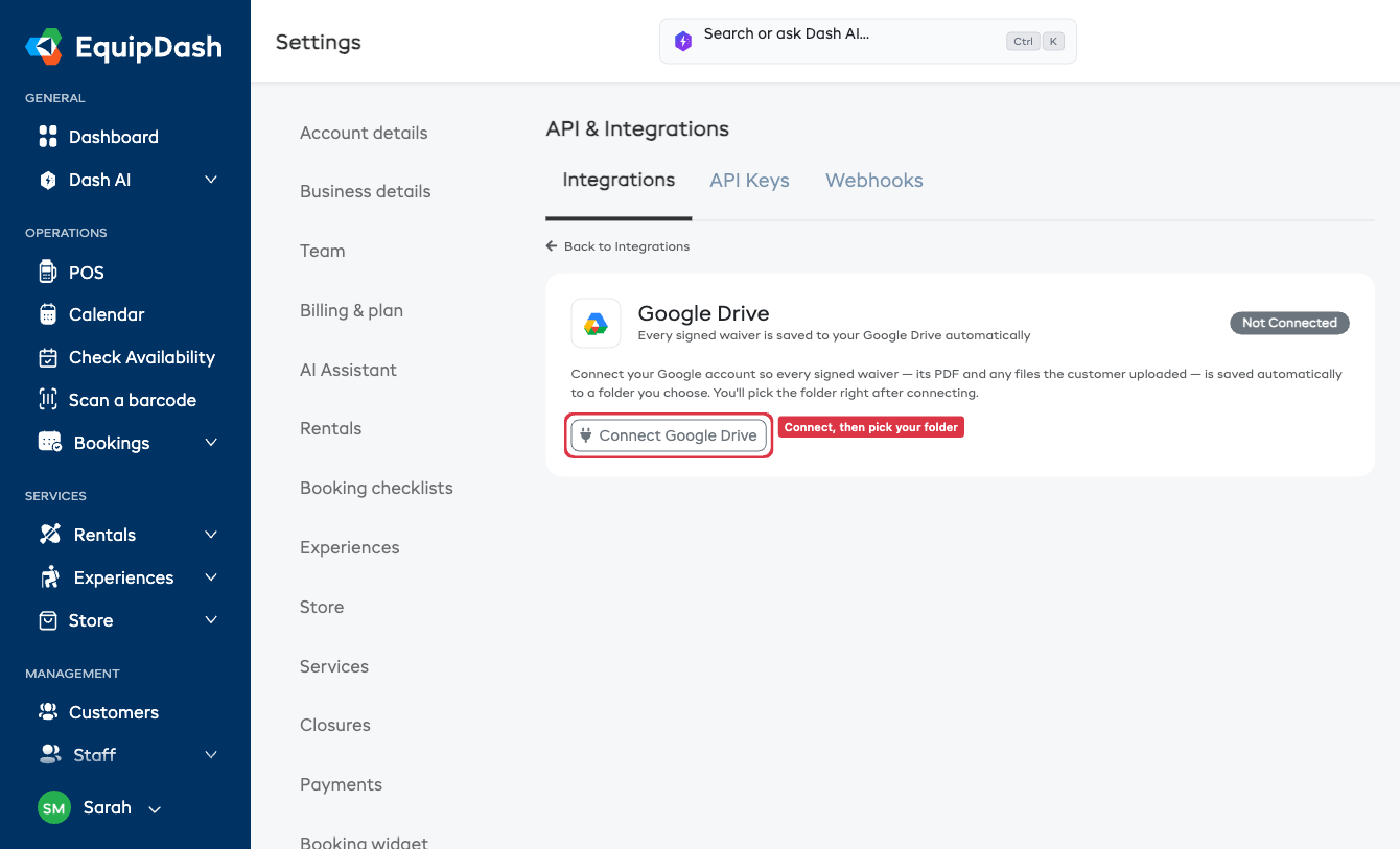 The Google Drive card in Settings → Integrations, ready to connect